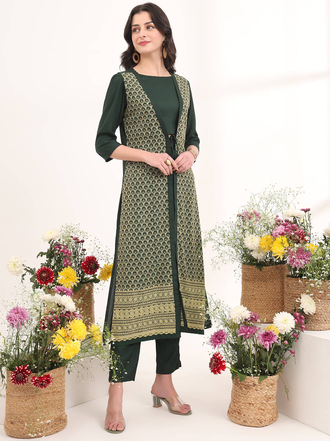     			gufrina Women Rayon Embroidered Jacket Style Kurti With Pants ( Green )