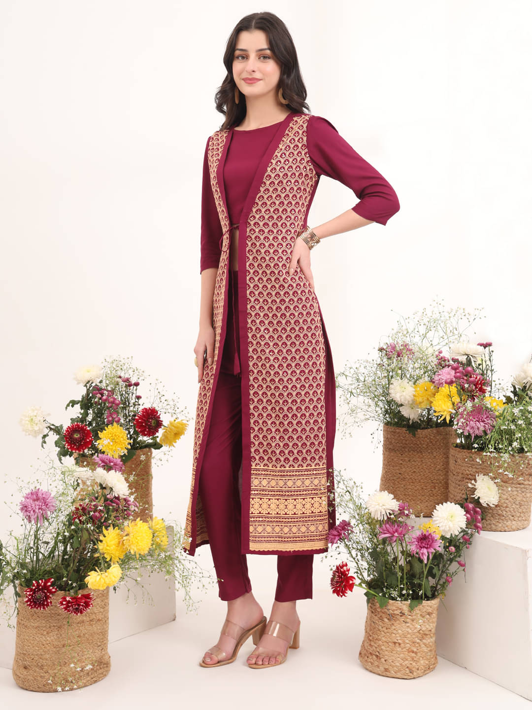 gufrina Women Rayon Embroidered Jacket Style Kurti With Pants ( Maroon ) gufrina Women Rayon Embroidered Jacket Style Kurti With Pants ( Maroon )