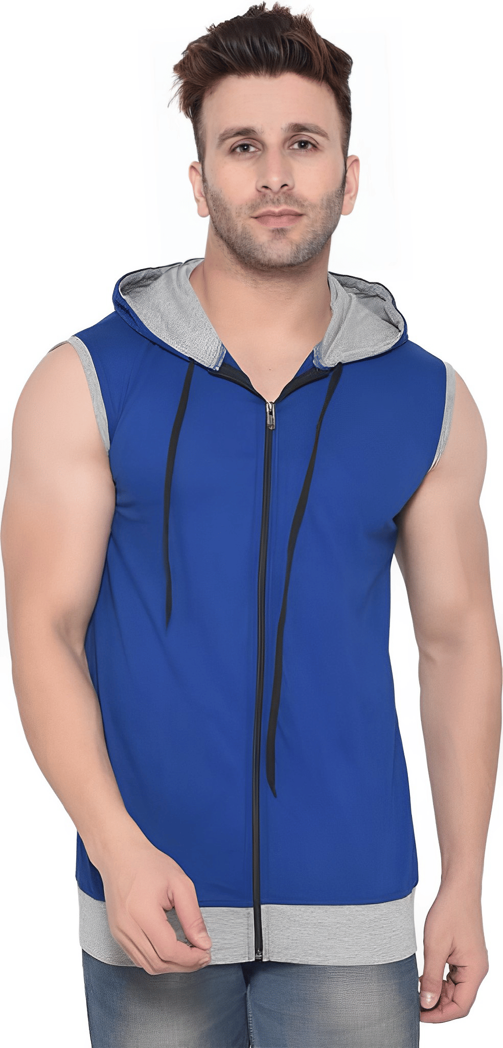     			risemax Cotton Blend Regular Fit Solid Sleeveless Men's Hooded T-Shirt - Blue ( Pack of 1 )