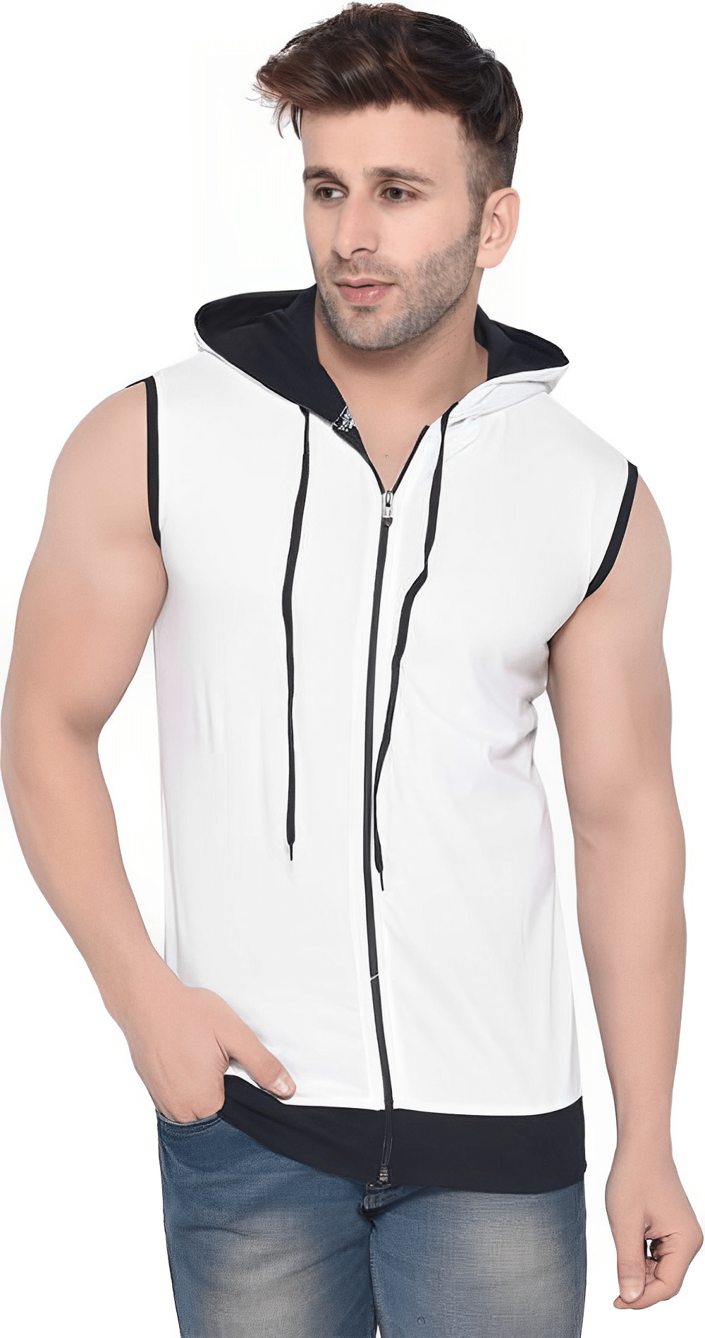     			risemax Cotton Blend Regular Fit Solid Sleeveless Men's Hooded T-Shirt - White ( Pack of 1 )