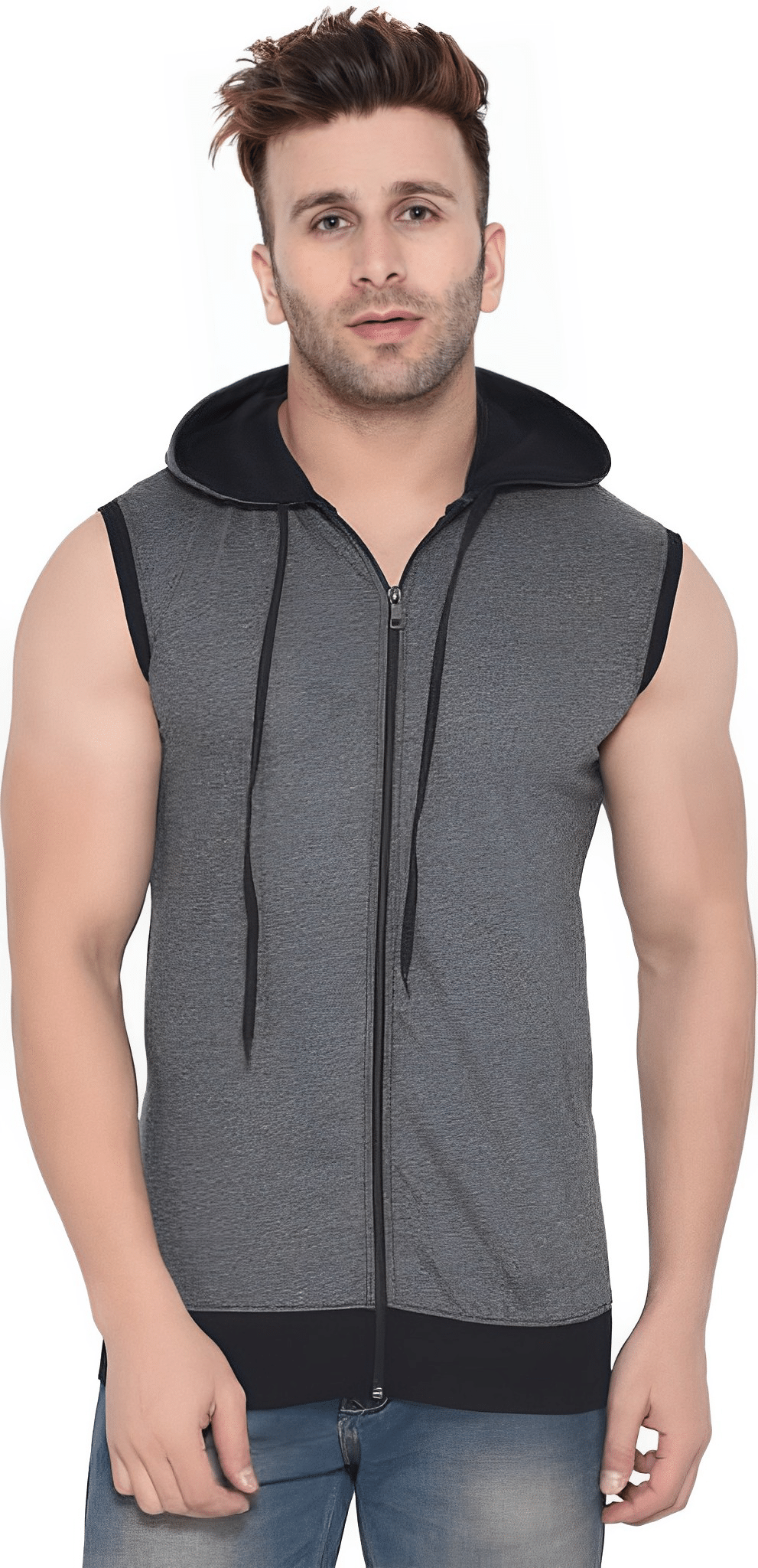     			risemax Cotton Blend Regular Fit Solid Sleeveless Men's Hooded T-Shirt - Charcoal Grey ( Pack of 1 )