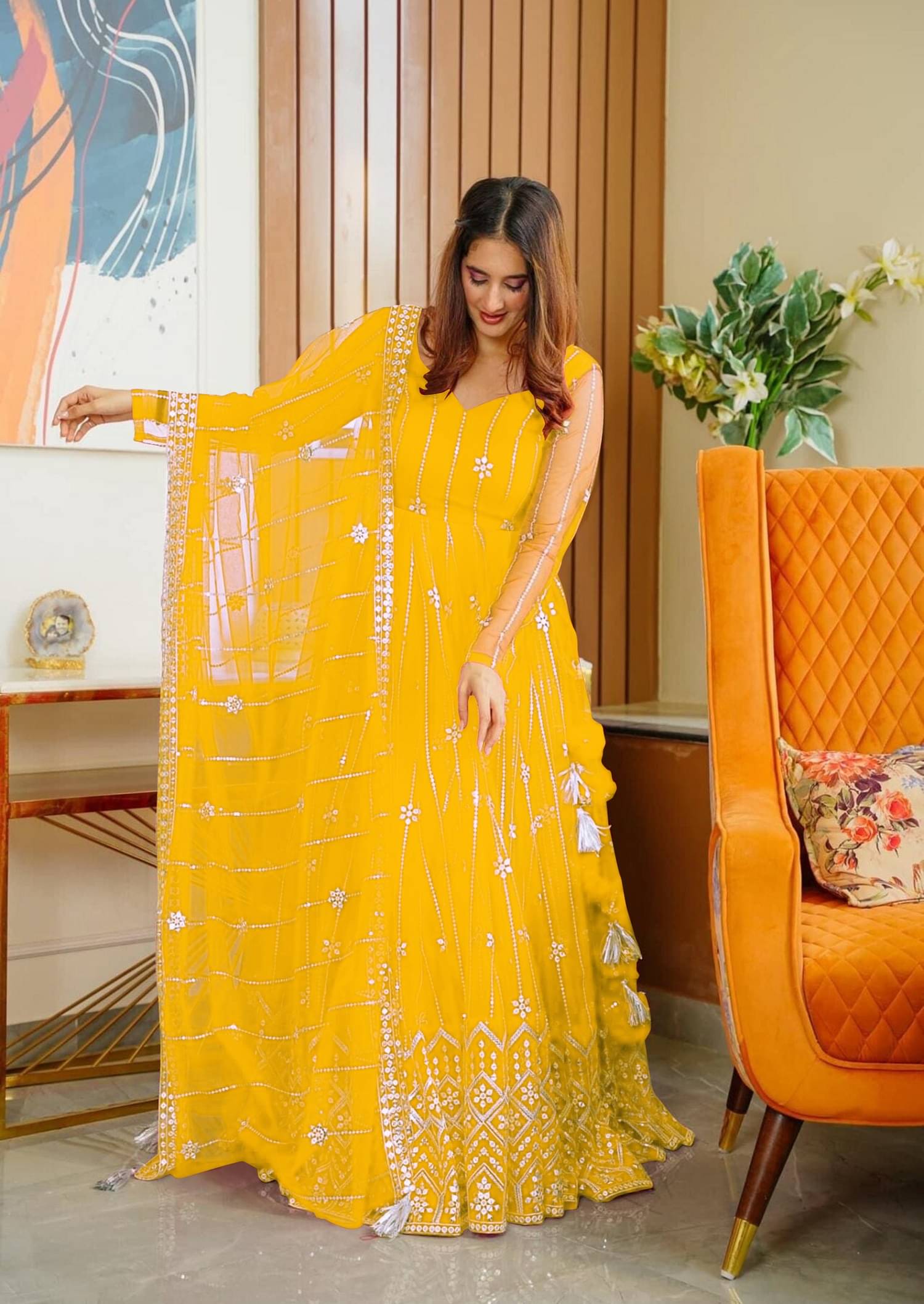    			A TO Z CART Yellow Flared Net Women's Semi Stitched Ethnic Gown ( Pack of 1 )