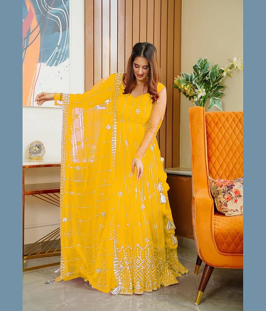 A TO Z CART Yellow Flared Net Women's Semi Stitched Ethnic Gown ( Pack of 1 ) - Unstitched Fabrics | Buy online on ZillyBuy