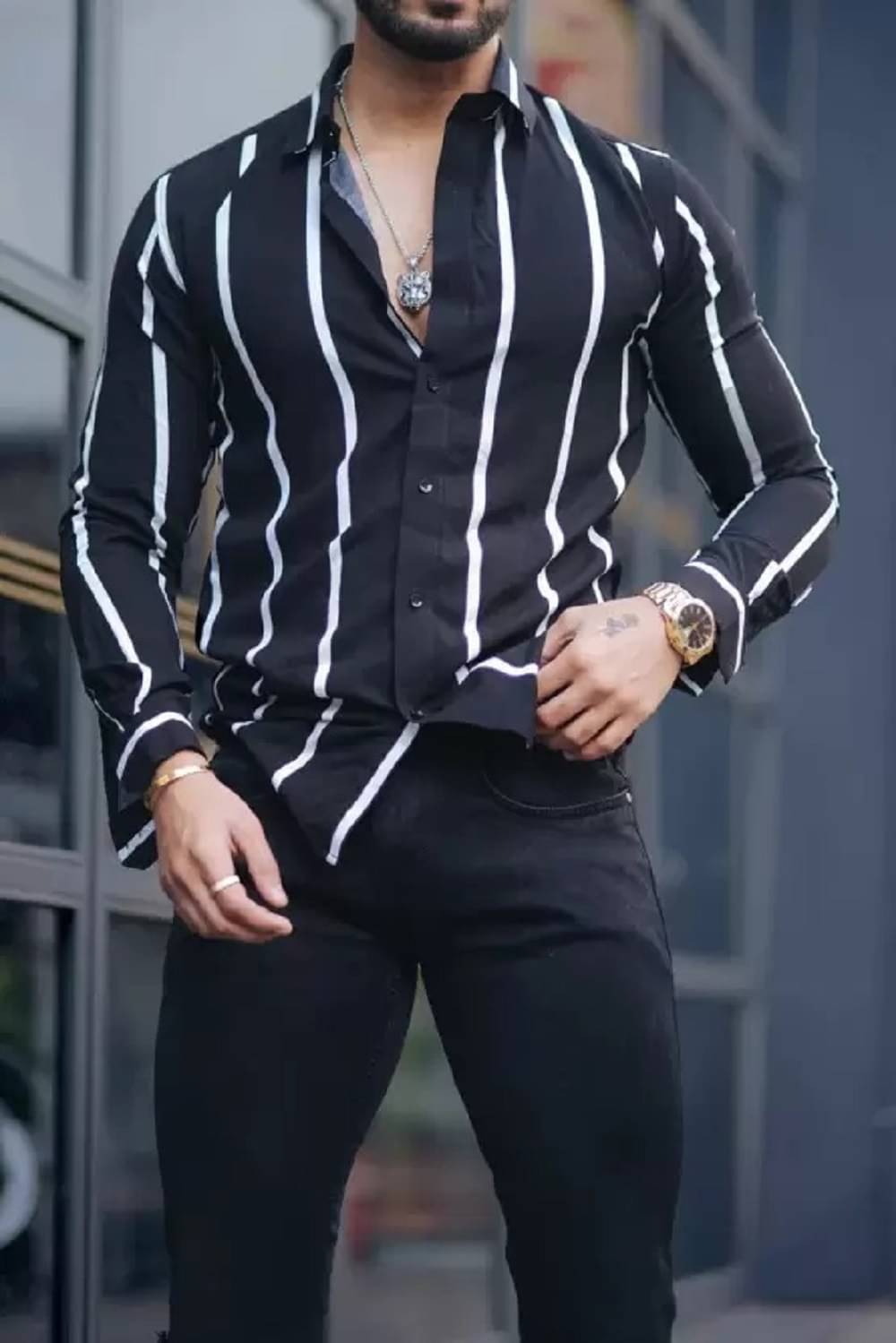 ARZ Poly Cotton Regular Fit Striped Full Sleeves Men's Casual Shirt - Black ( Pack of 1 )     			ARZ Poly Cotton Regular Fit Striped Full Sleeves Men's Casual Shirt - Black ( Pack of 1 )