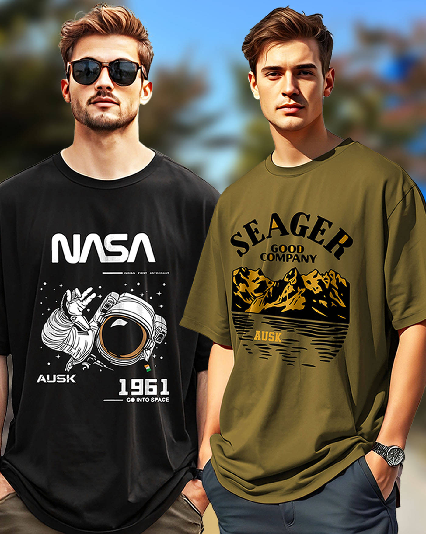     			AUSK Cotton Oversized Fit Printed Half Sleeves Men's Round T-Shirt - Green ( Pack of 2 )