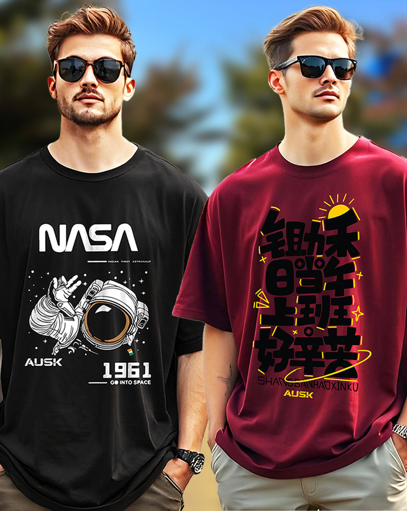     			AUSK Cotton Oversized Fit Printed Half Sleeves Men's Round T-Shirt - Maroon ( Pack of 2 )