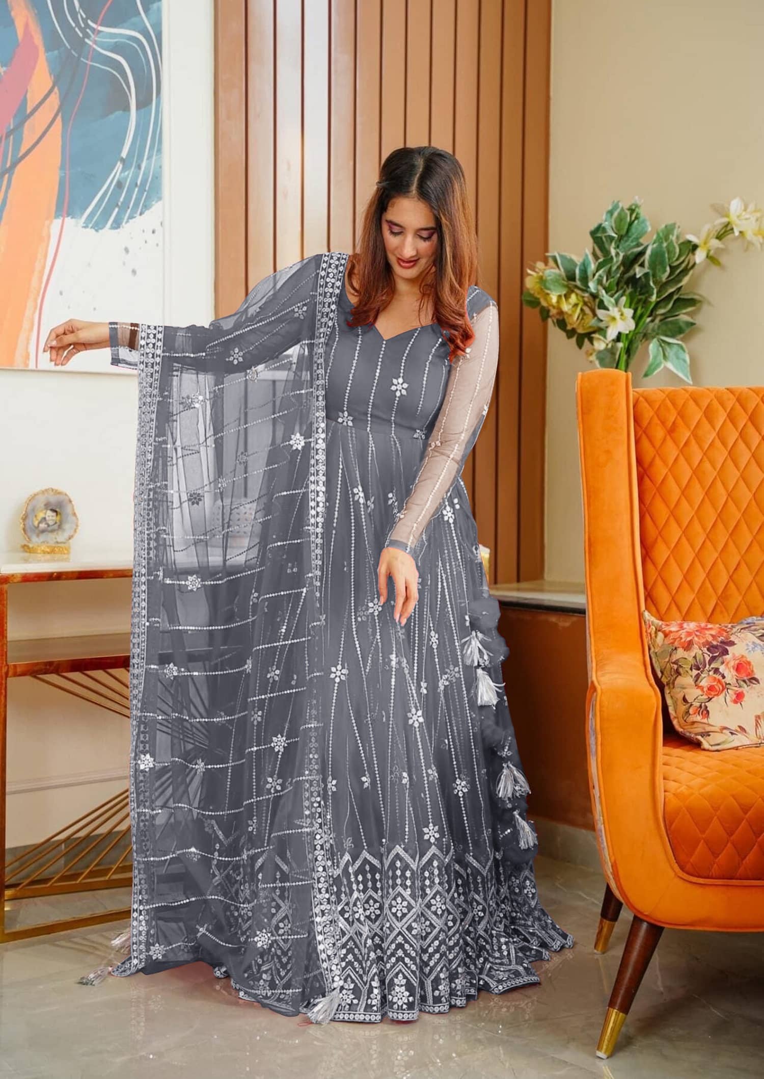 Aika Red Flared Net Women's Semi Stitched Ethnic Gown ( Pack of 1 ) - Unstitched Fabrics | Buy online on ZillyBuy