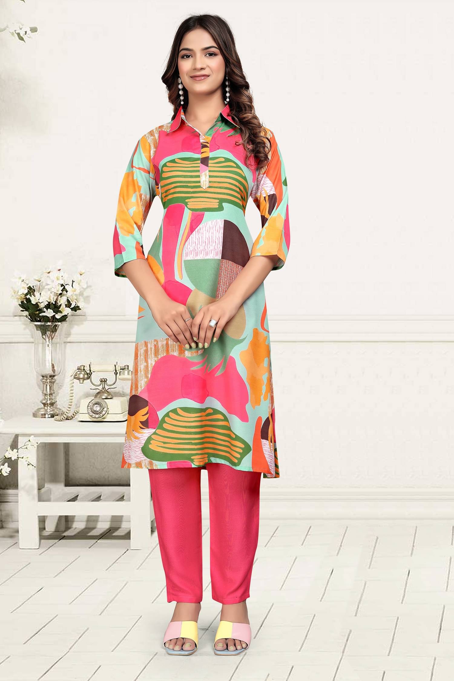 Aika Women Cotton Blend Printed Straight Kurti With Pants ( Multicolor ) Aika Women Cotton Blend Printed Straight Kurti With Pants ( Multicolor )