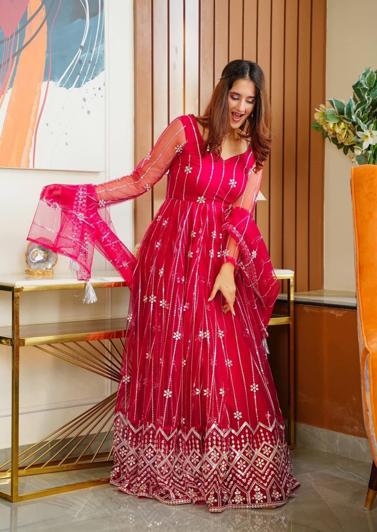 Apnisha Red Flared Net Women's Semi Stitched Ethnic Gown ( Pack of 1 ) - Unstitched Fabrics | Buy online on ZillyBuy