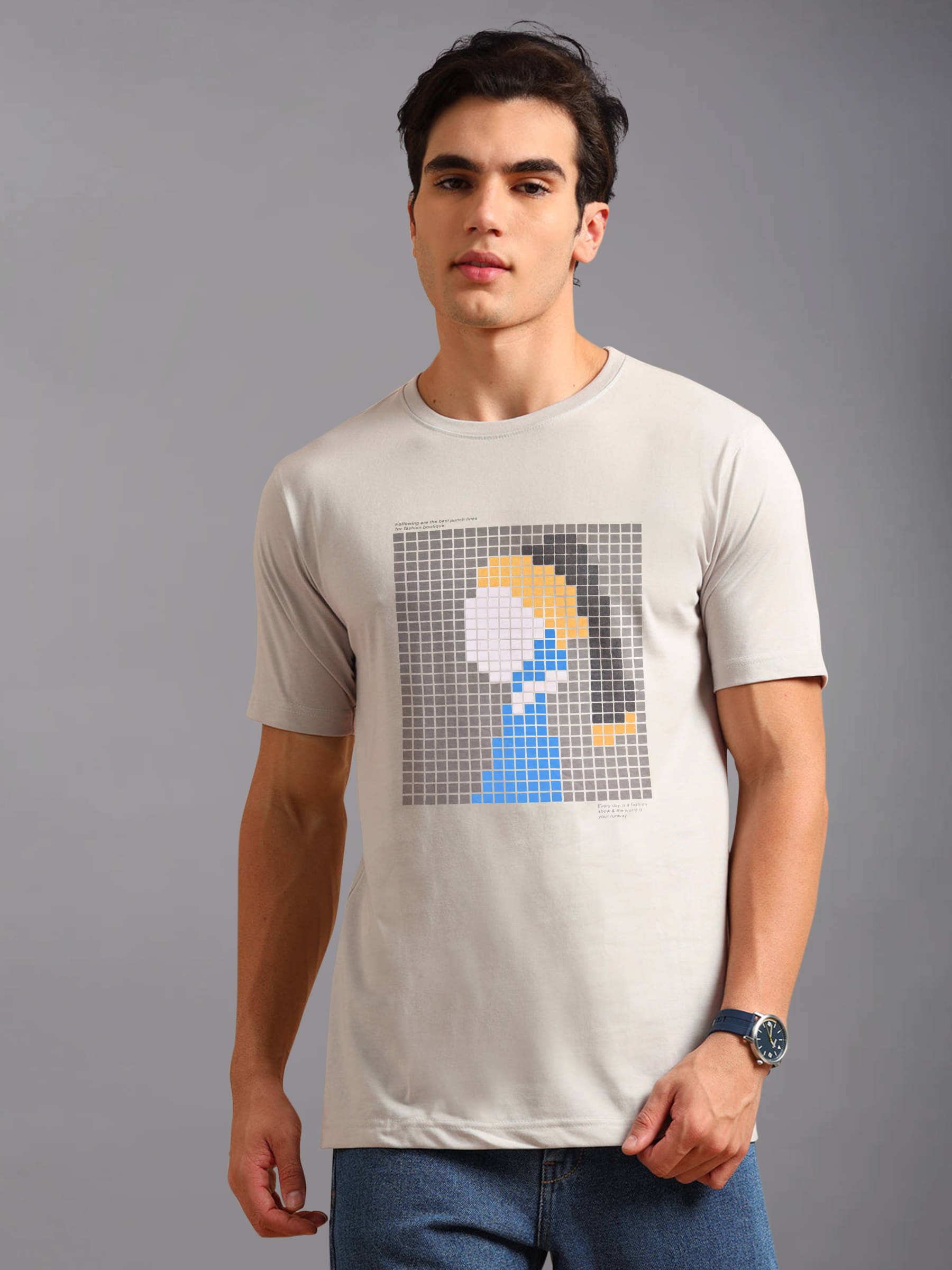     			BLUE ARC Cotton Blend Regular Fit Printed Half Sleeves Men's Round T-Shirt - Grey ( Pack of 1 )