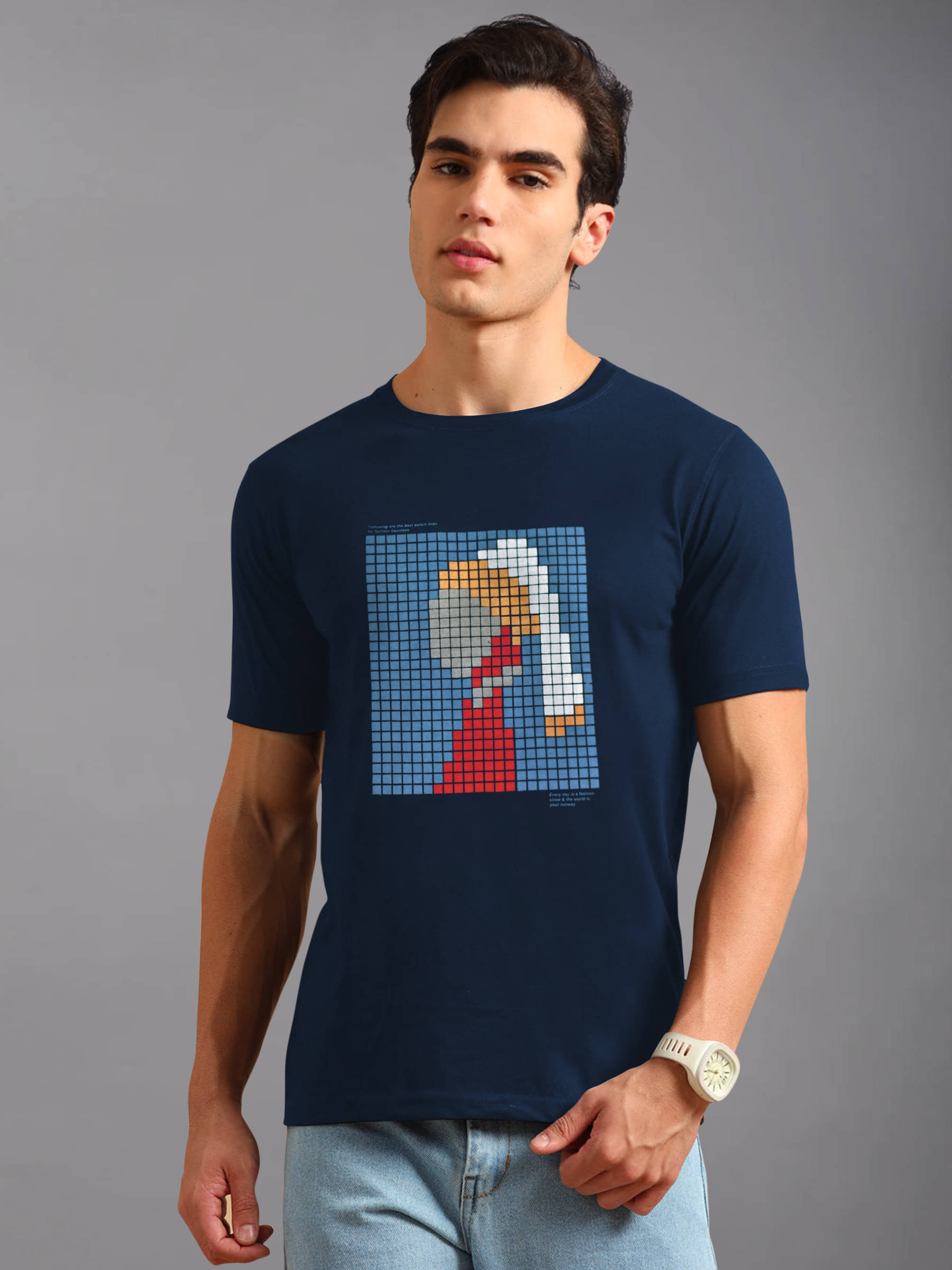    			BLUE ARC Cotton Blend Regular Fit Printed Half Sleeves Men's Round T-Shirt - Navy ( Pack of 1 )