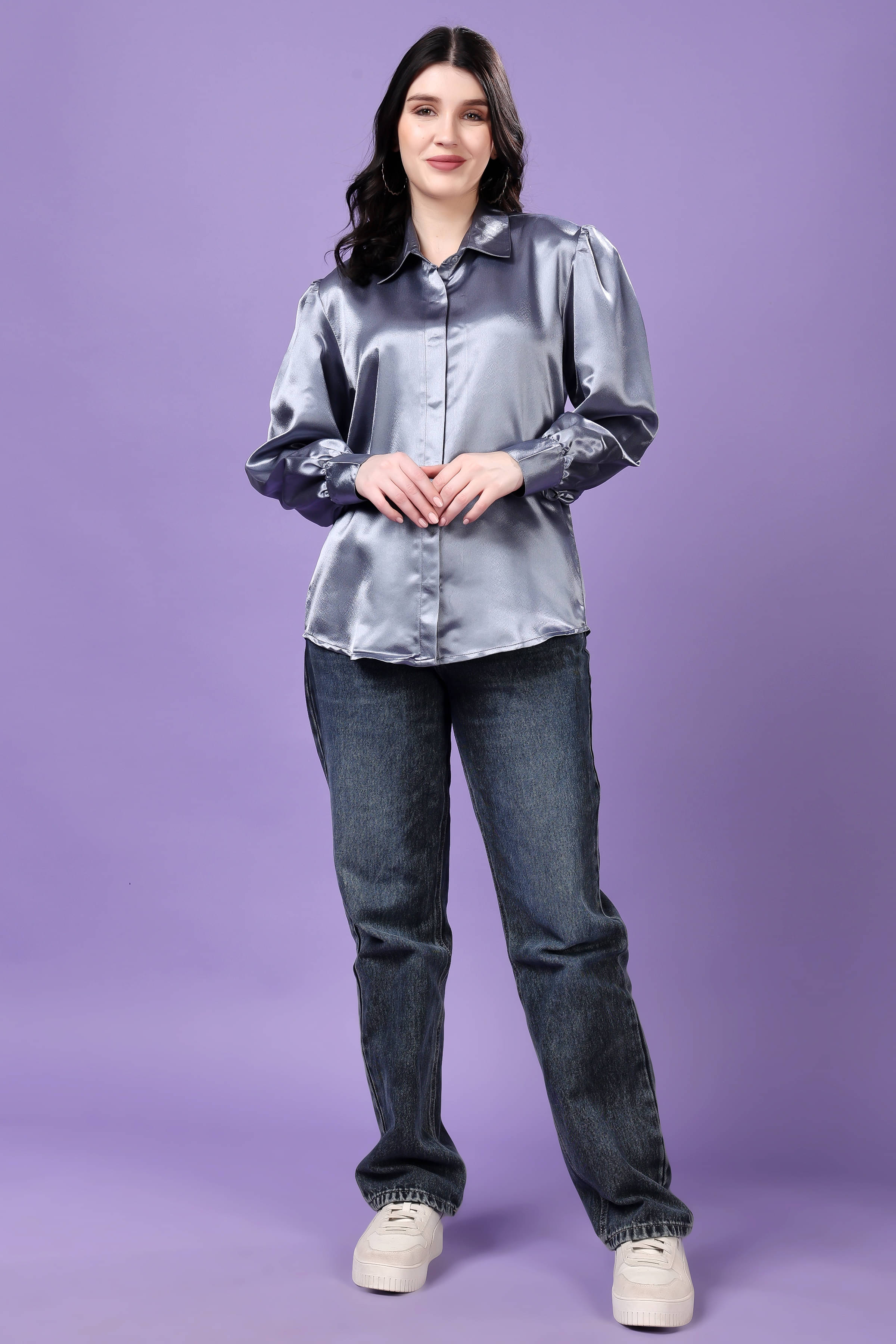     			FASHJONS 360 Women's Satin Regular Top ( Grey )
