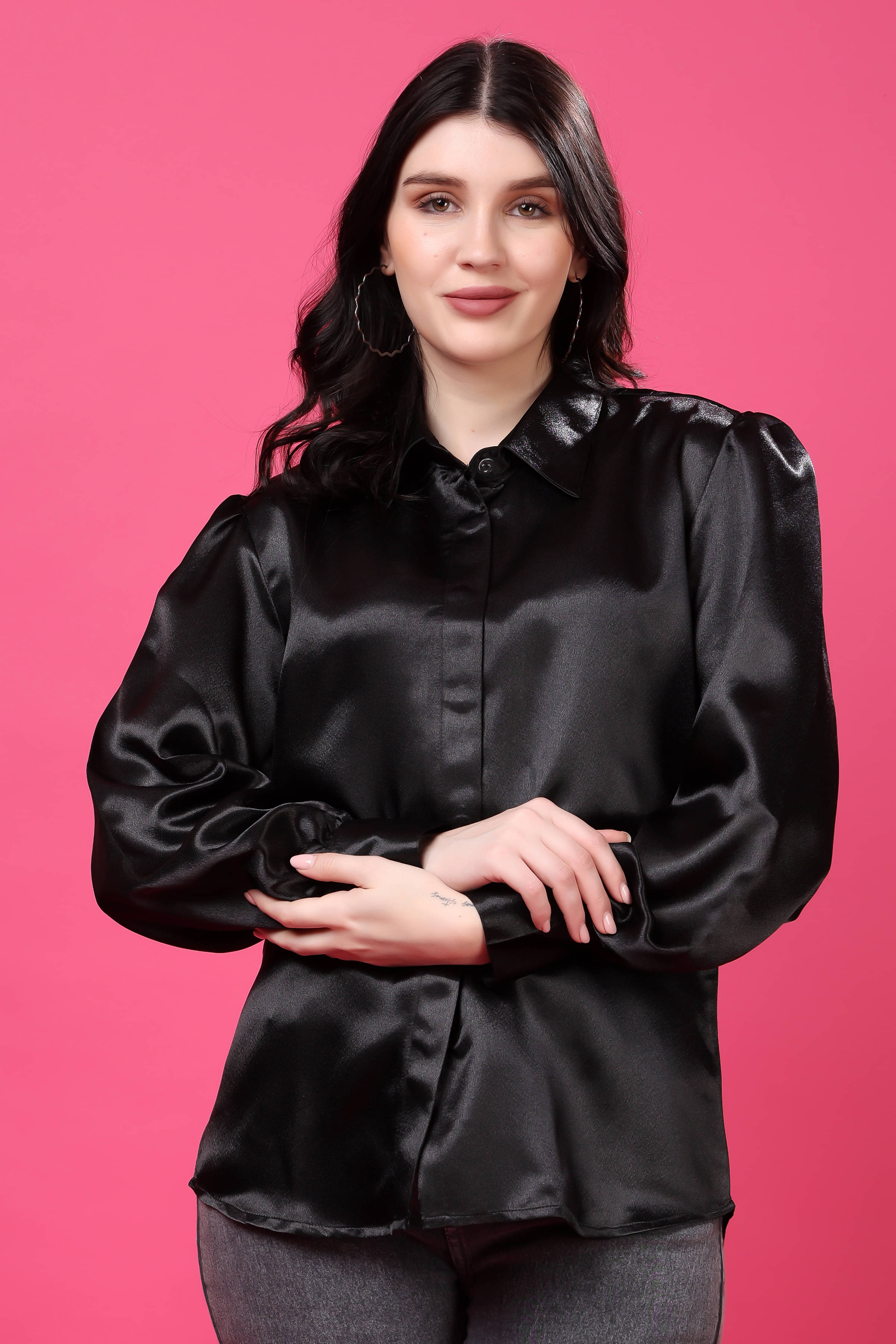     			FASHJONS 360 Women's Satin Regular Top ( Black )