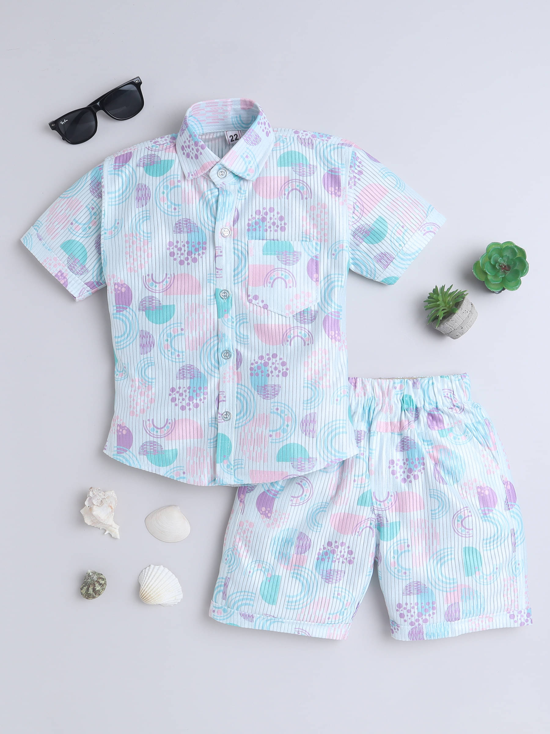     			Fourfolds Pack of 1 Boys Cotton Blend Shirt & Shorts Set ( Light Blue )