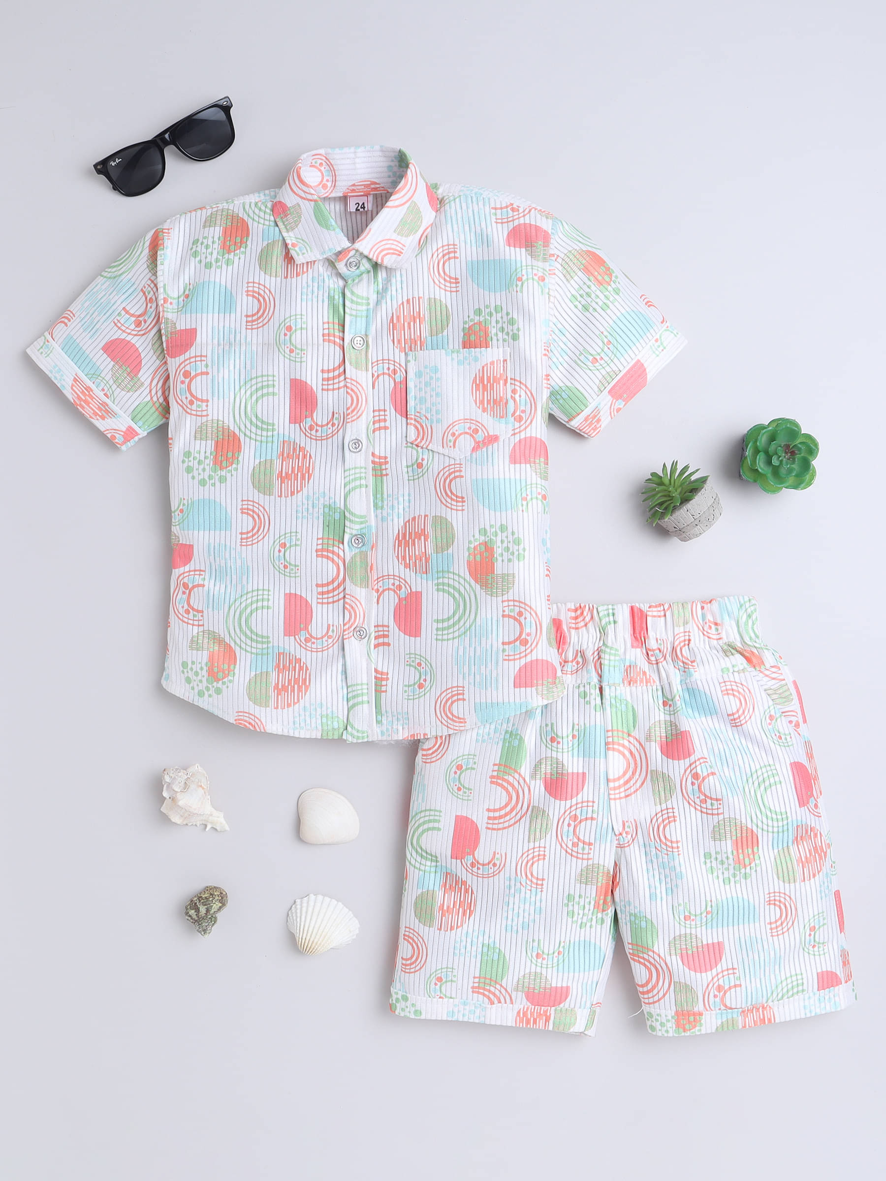    			Fourfolds Pack of 1 Boys Cotton Blend Shirt & Shorts Set ( Peach )