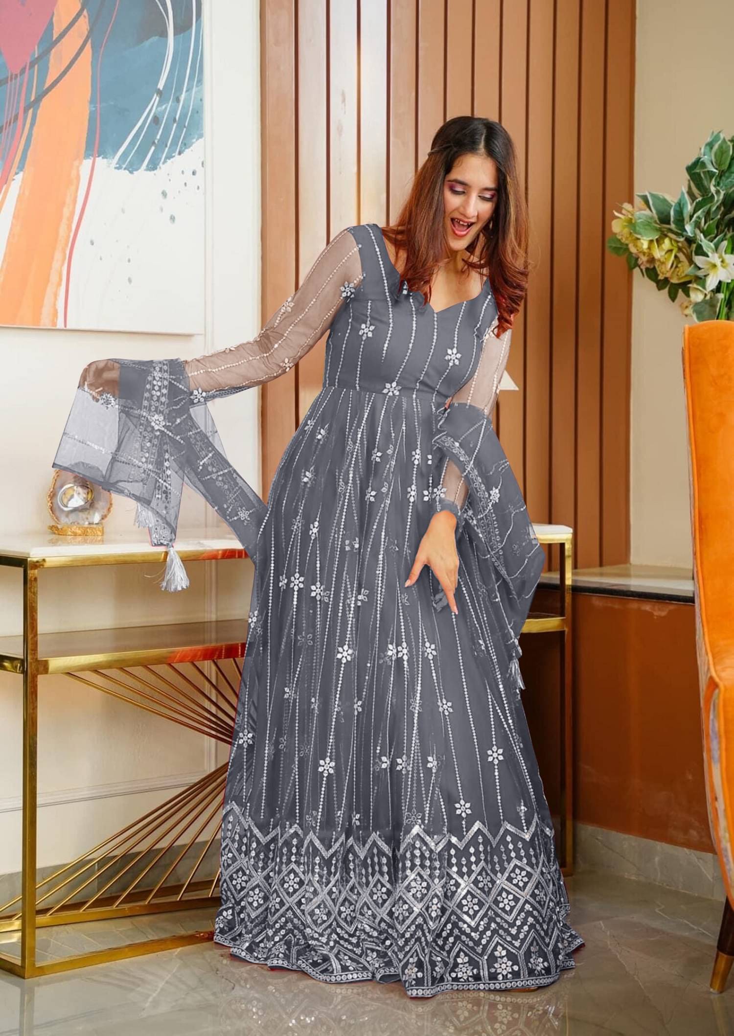 JULEE Grey Flared Net Women's Semi Stitched Ethnic Gown ( Pack of 1 ) JULEE Grey Flared Net Women's Semi Stitched Ethnic Gown ( Pack of 1 )