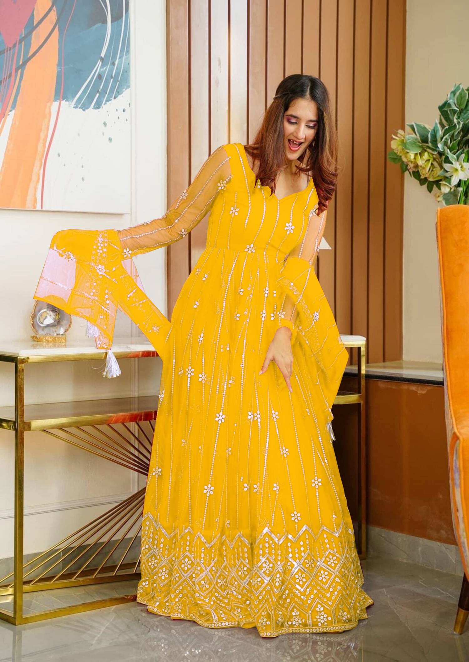 JULEE Yellow Flared Net Women's Semi Stitched Ethnic Gown ( Pack of 1 ) JULEE Yellow Flared Net Women's Semi Stitched Ethnic Gown ( Pack of 1 )