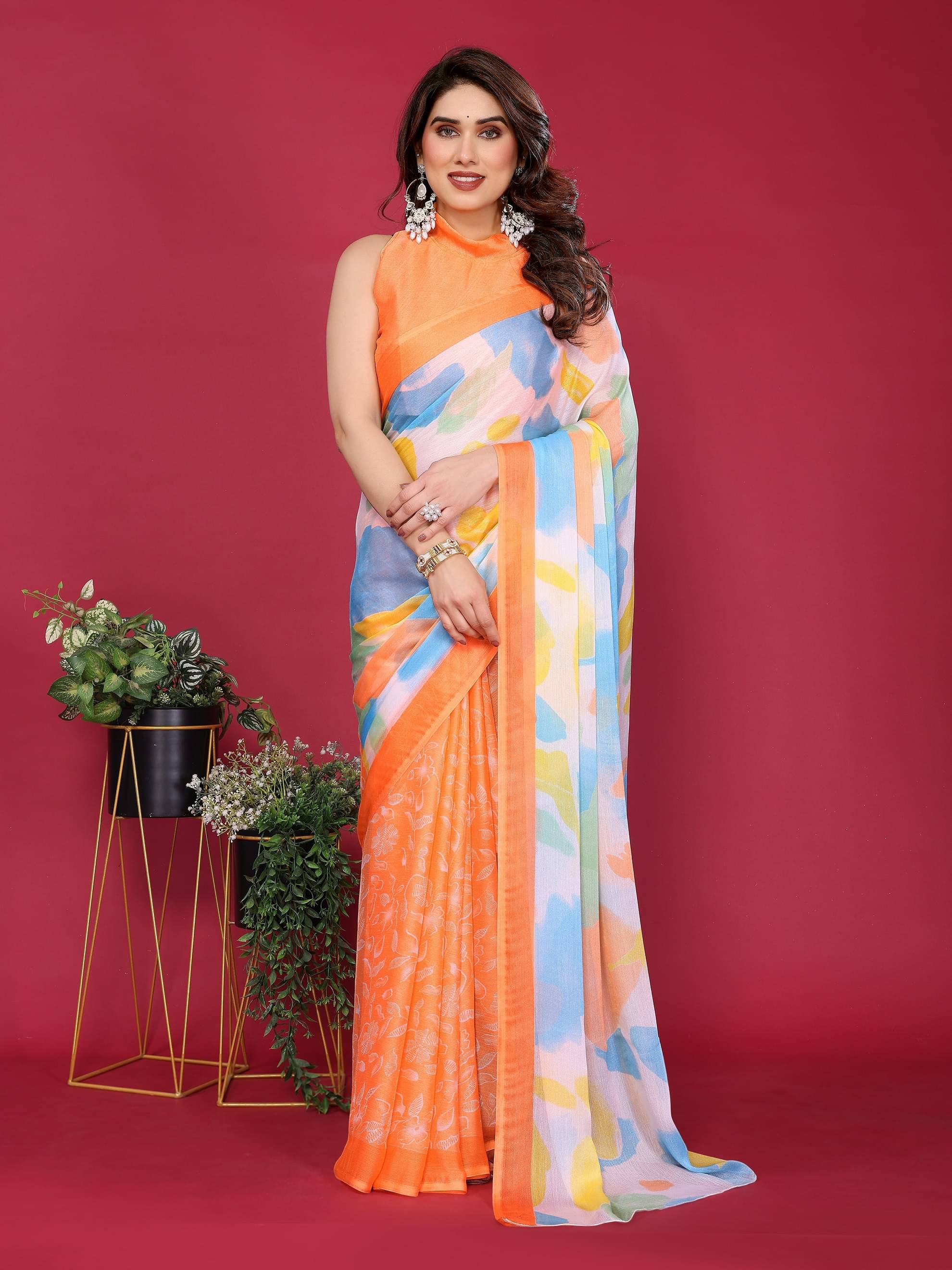 KOMAL NX Chiffon Printed Saree With Unstitched Blouse Piece ( Orange ) KOMAL NX Chiffon Printed Saree With Unstitched Blouse Piece ( Orange )