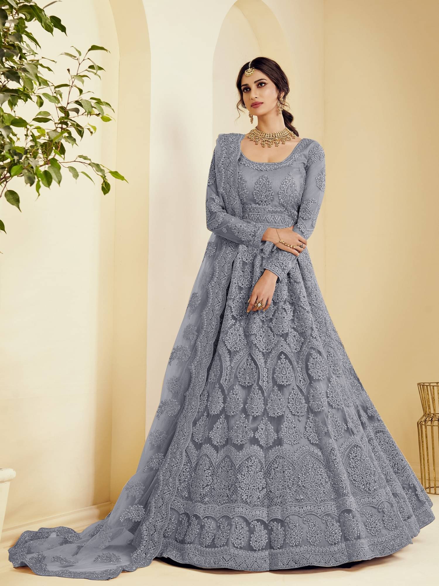 KV Fashion Grey Flared Net Women's Semi Stitched Ethnic Gown ( Pack of 1 ) KV Fashion Grey Flared Net Women's Semi Stitched Ethnic Gown ( Pack of 1 )
