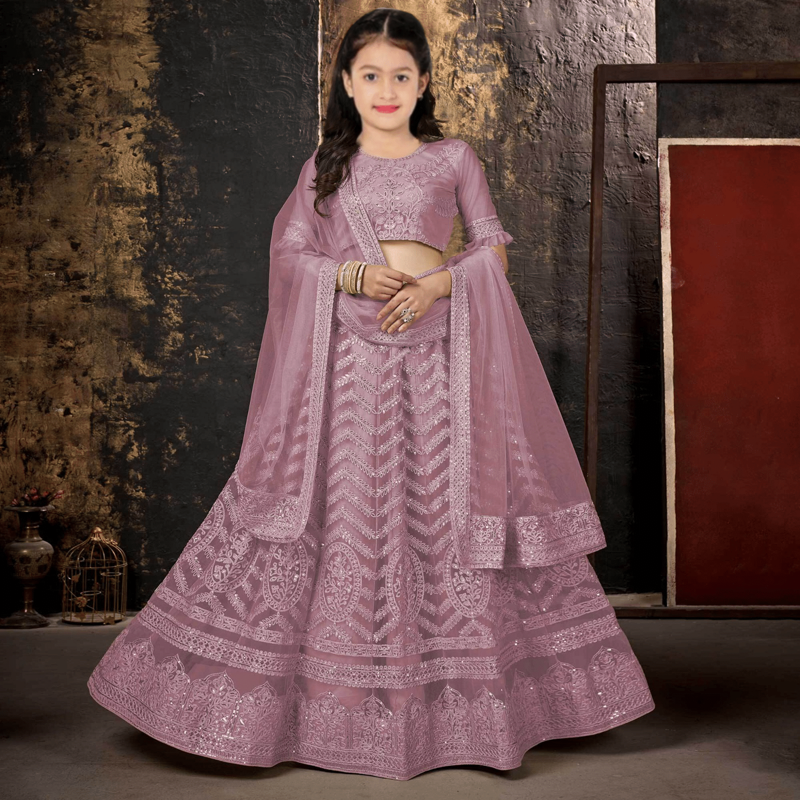    			Keyura Net Lehenga Choli Set For Girls ( Pack of 1 , Light Pink )