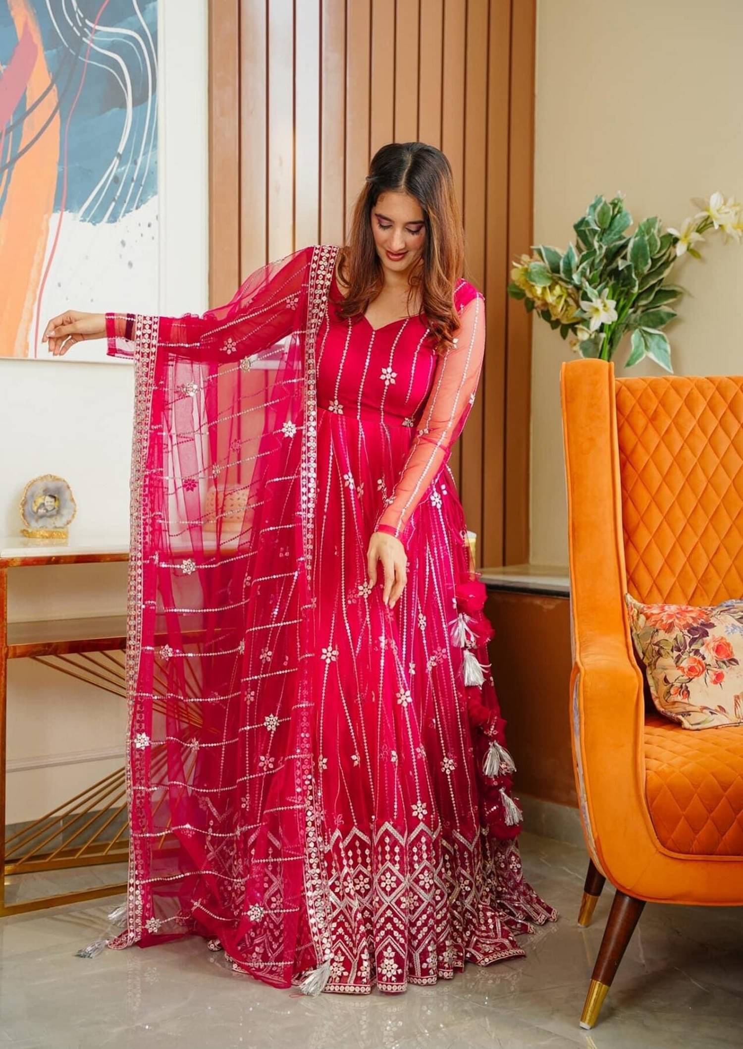     			Lady Shopi Red Flared Net Women's Semi Stitched Ethnic Gown ( Pack of 1 )