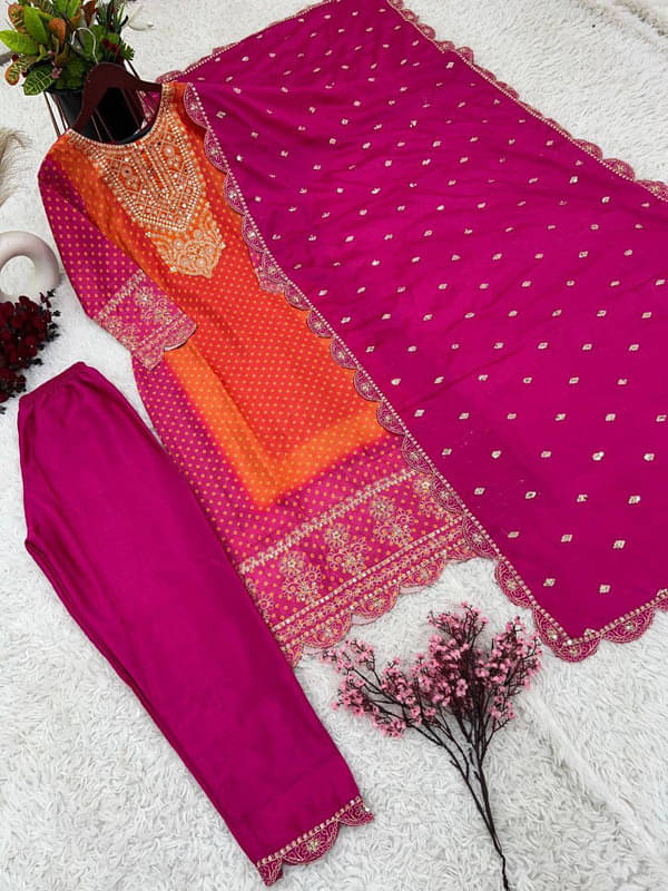    			Mithusa Chanderi Silk Embroidered Kurti With Pants Women's Stitched Salwar Suit - Pink ( Pack of 1 )