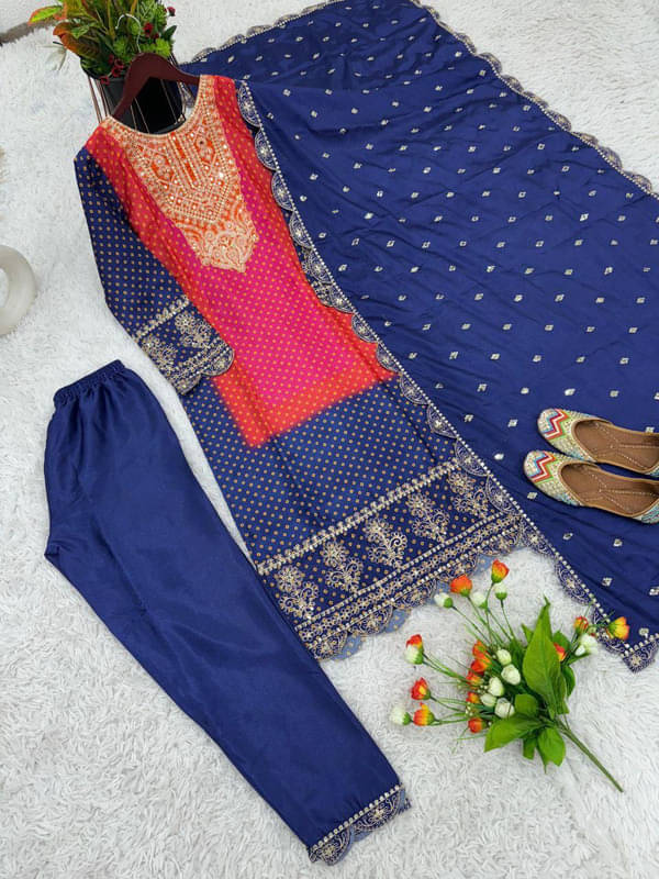 Mithusa Chanderi Silk Embroidered Kurti With Pants Women's Stitched Salwar Suit - Blue ( Pack of 1 ) Mithusa Chanderi Silk Embroidered Kurti With Pants Women's Stitched Salwar Suit - Blue ( Pack of 1 )