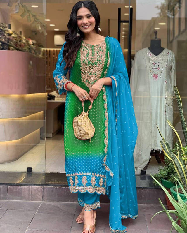 Mithusa Chanderi Silk Embroidered Kurti With Pants Women's Stitched Salwar Suit - Turquoise ( Pack of 1 ) Mithusa Chanderi Silk Embroidered Kurti With Pants Women's Stitched Salwar Suit - Turquoise ( Pack of 1 )