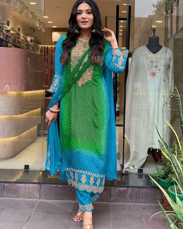     			Mithusa Chanderi Silk Embroidered Kurti With Pants Women's Stitched Salwar Suit - Turquoise ( Pack of 1 )