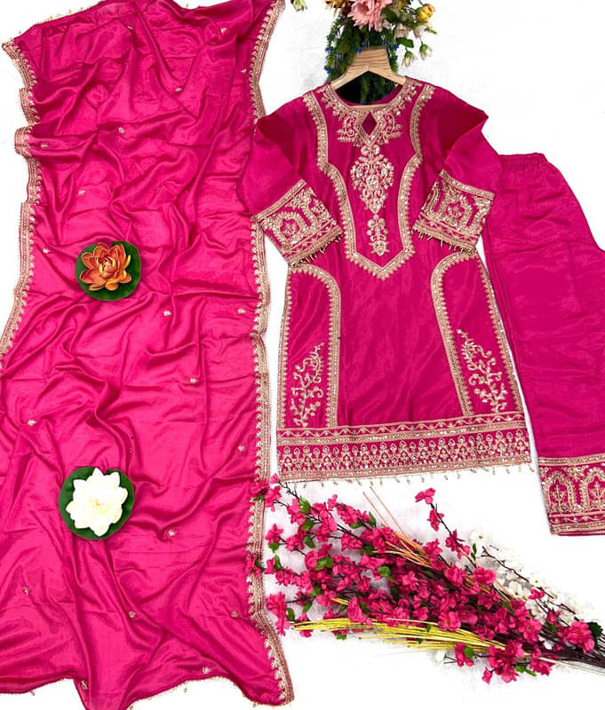 Mithusa Chanderi Silk Embroidered Kurti With Pants Women's Stitched Salwar Suit - Pink ( Pack of 1 ) Mithusa Chanderi Silk Embroidered Kurti With Pants Women's Stitched Salwar Suit - Pink ( Pack of 1 )
