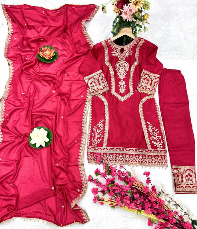 Mithusa Chanderi Silk Embroidered Kurti With Pants Women's Stitched Salwar Suit - Red ( Pack of 1 ) Mithusa Chanderi Silk Embroidered Kurti With Pants Women's Stitched Salwar Suit - Red ( Pack of 1 )