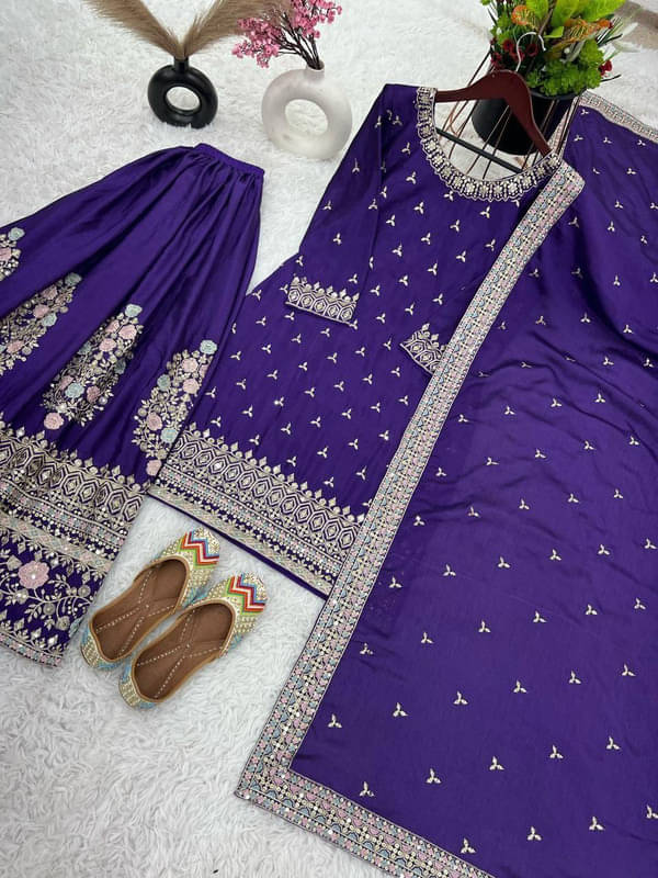     			Mithusa Chiffon Embroidered Kurti With Sharara And Gharara Women's Stitched Salwar Suit - Purple ( Pack of 1 )