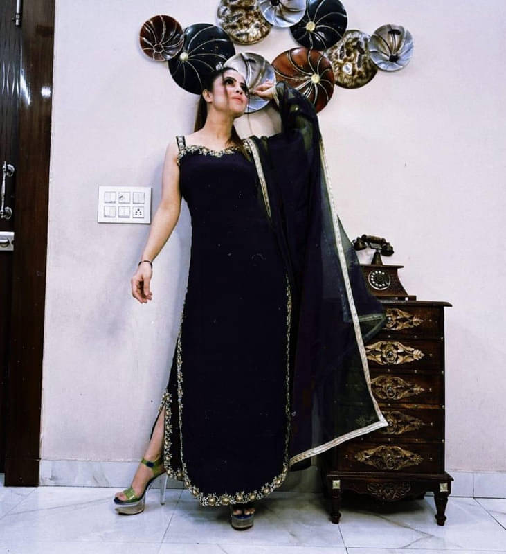     			Mithusa Georgette Embroidered Kurti With Pants Women's Stitched Salwar Suit - Black ( Pack of 1 )