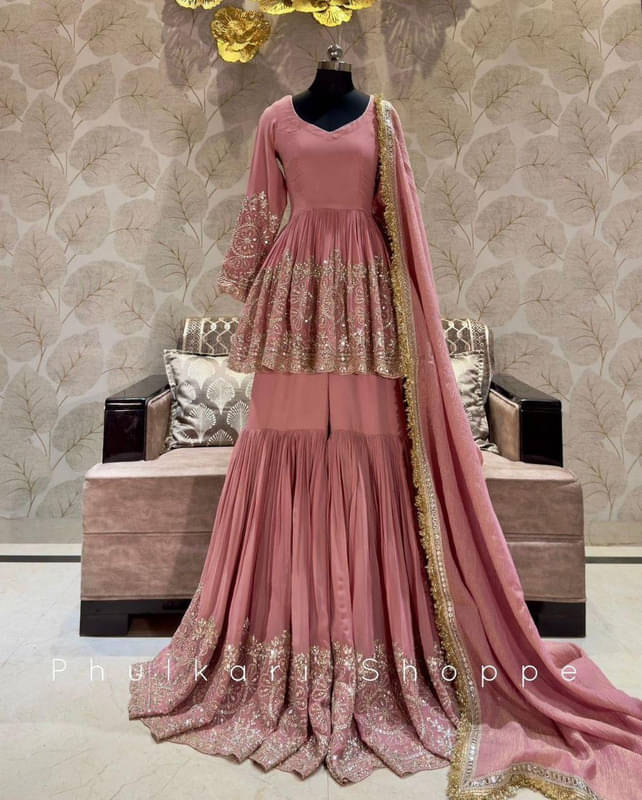     			Mithusa Georgette Embroidered Kurti With Sharara And Gharara Women's Stitched Salwar Suit - Peach ( Pack of 1 )