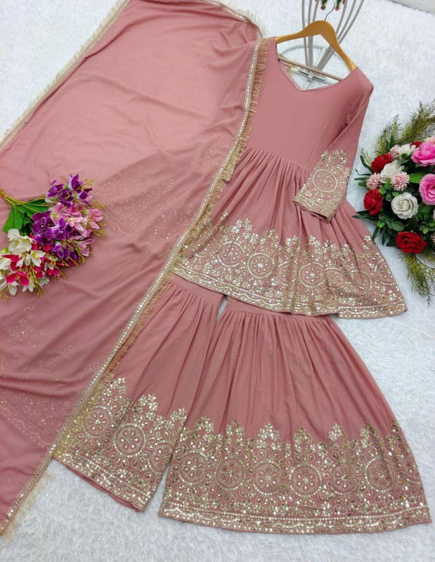 Mithusa Georgette Embroidered Kurti With Sharara And Gharara Women's Stitched Salwar Suit - Peach ( Pack of 1 ) Mithusa Georgette Embroidered Kurti With Sharara And Gharara Women's Stitched Salwar Suit - Peach ( Pack of 1 )