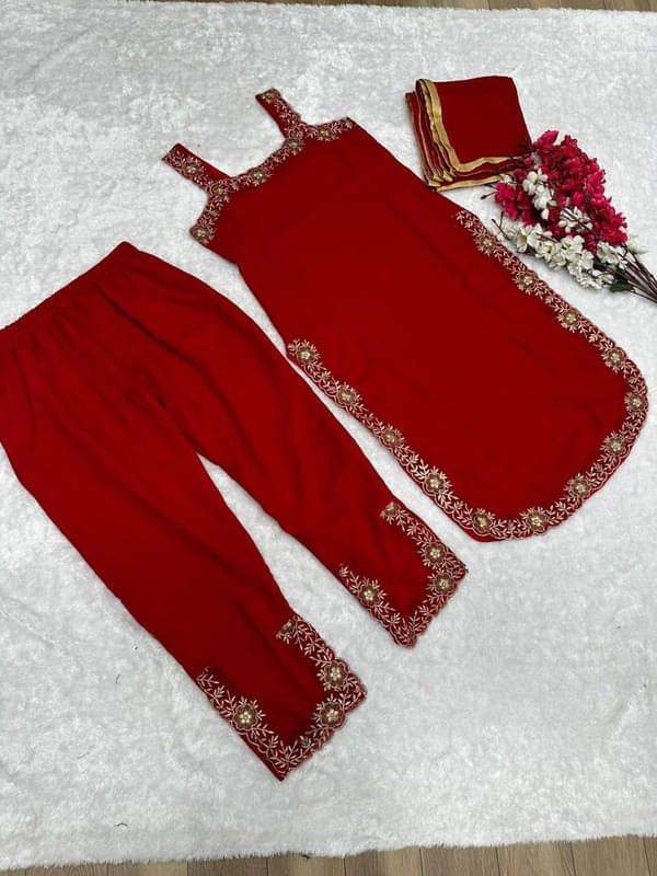 Mithusa Georgette Embroidered Kurti With Pants Women's Stitched Salwar Suit - Red ( Pack of 1 ) Mithusa Georgette Embroidered Kurti With Pants Women's Stitched Salwar Suit - Red ( Pack of 1 )