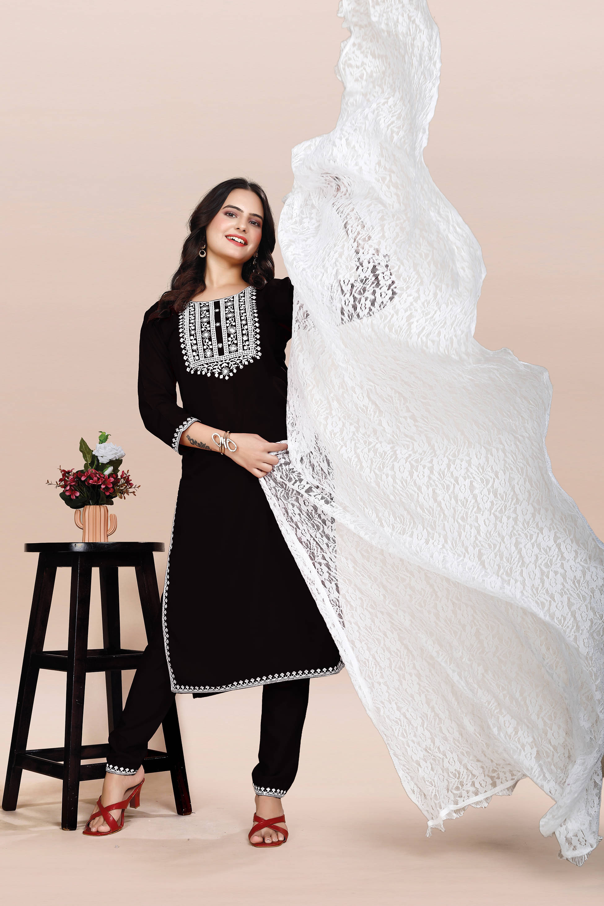 PATBRO Rayon Embroidered Kurti With Pants Women's Stitched Salwar Suit - Black ( Pack of 1 ) PATBRO Rayon Embroidered Kurti With Pants Women's Stitched Salwar Suit - Black ( Pack of 1 )