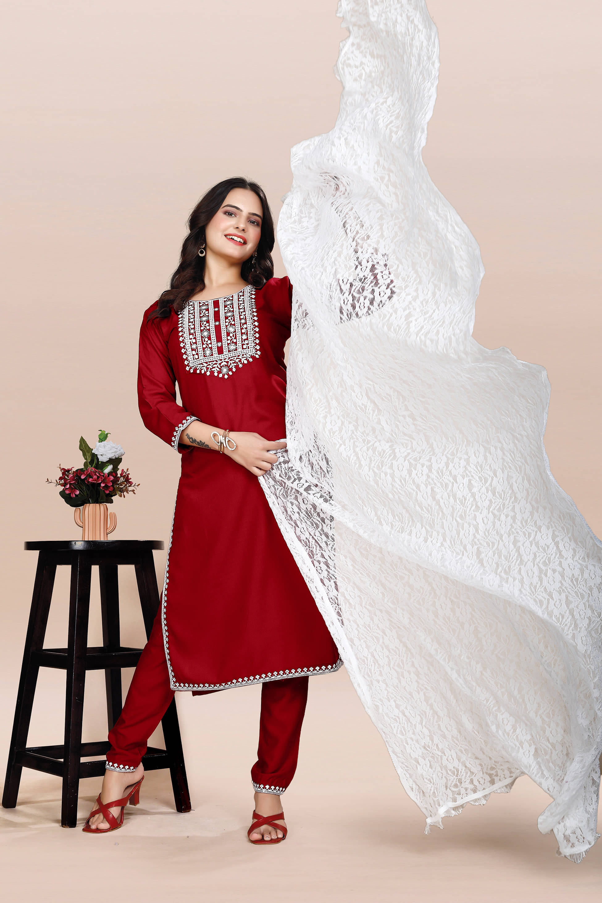     			PATBRO Rayon Embroidered Kurti With Pants Women's Stitched Salwar Suit - Maroon ( Pack of 1 )