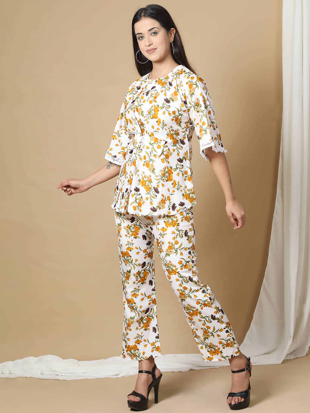     			Ridaa Women Printed Top With Palazzos Co-Ord Set ( White )