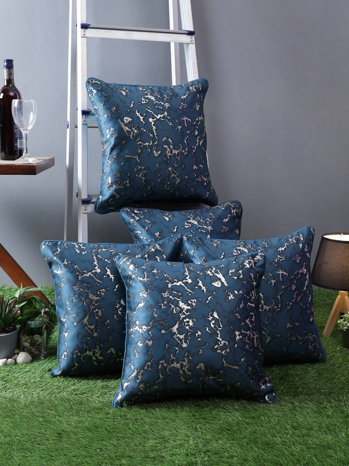     			Romee Set of 5 Polyester Textured Square Cushion Cover (40X40)cm - Blue