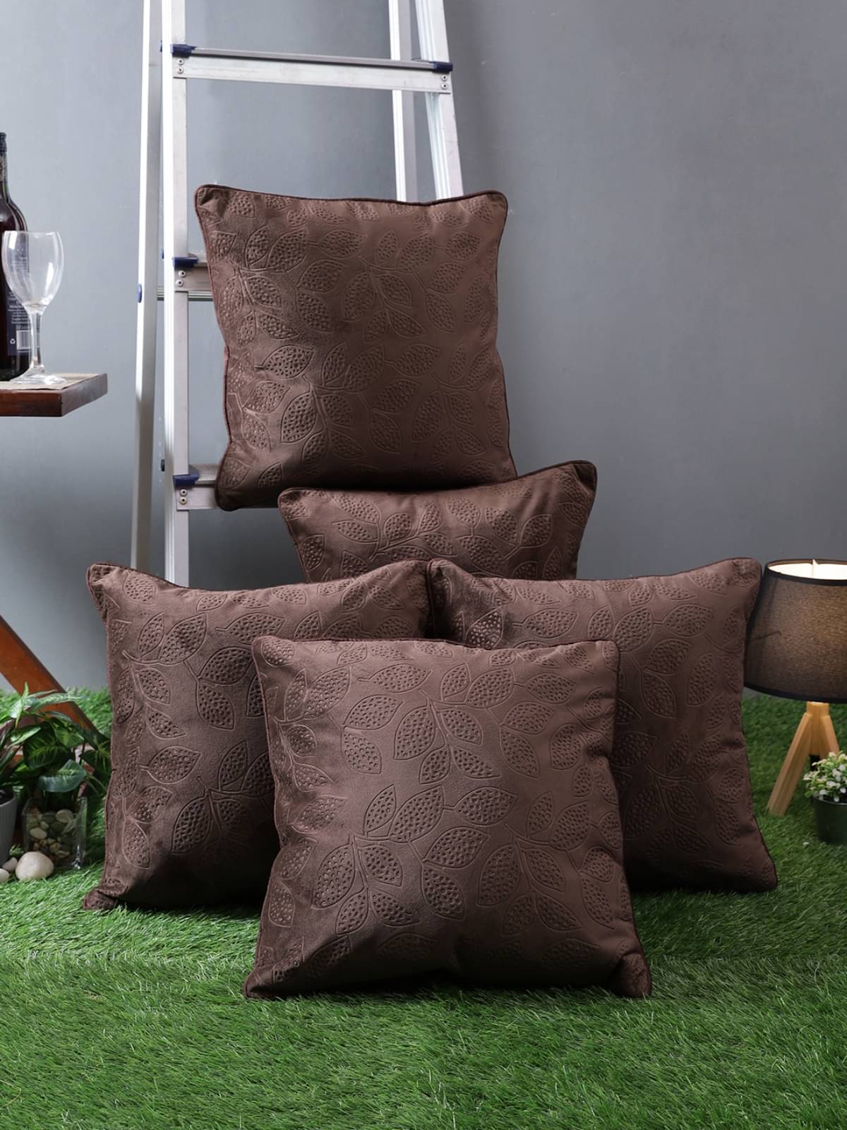     			Romee Set of 5 Polyester Floral Square Cushion Cover (40X40)cm - Brown