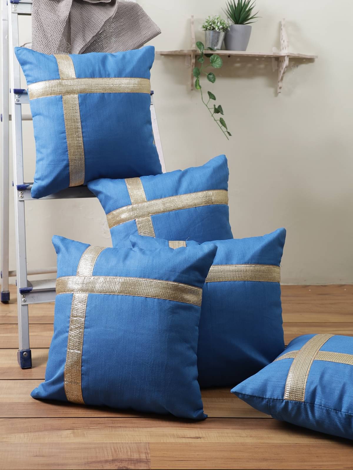     			Romee Set of 5 Polyester Geometric Square Cushion Cover (40X40)cm - Blue