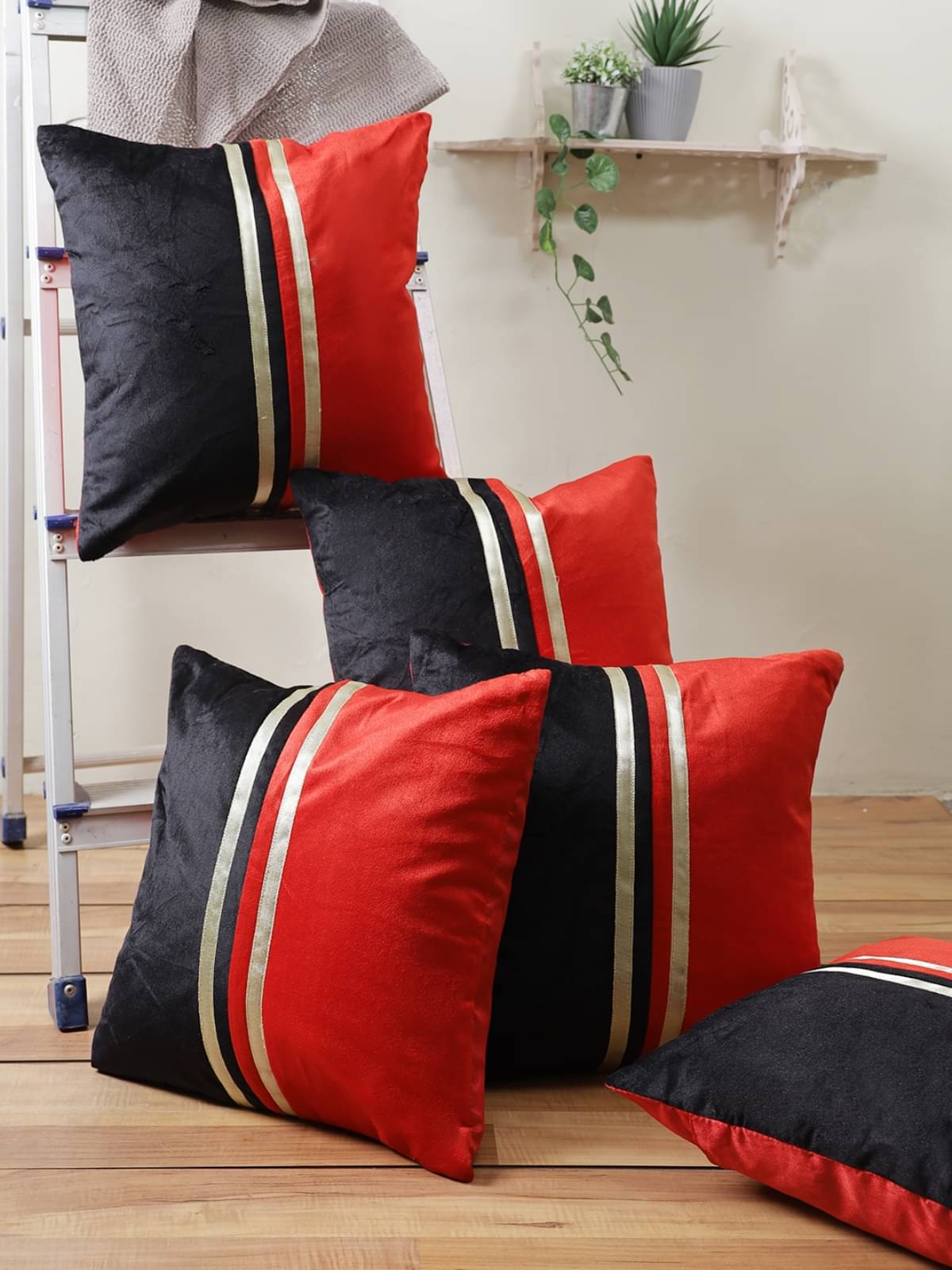     			Romee Set of 5 Polyester Vertical Striped Square Cushion Cover (40X40)cm - Black