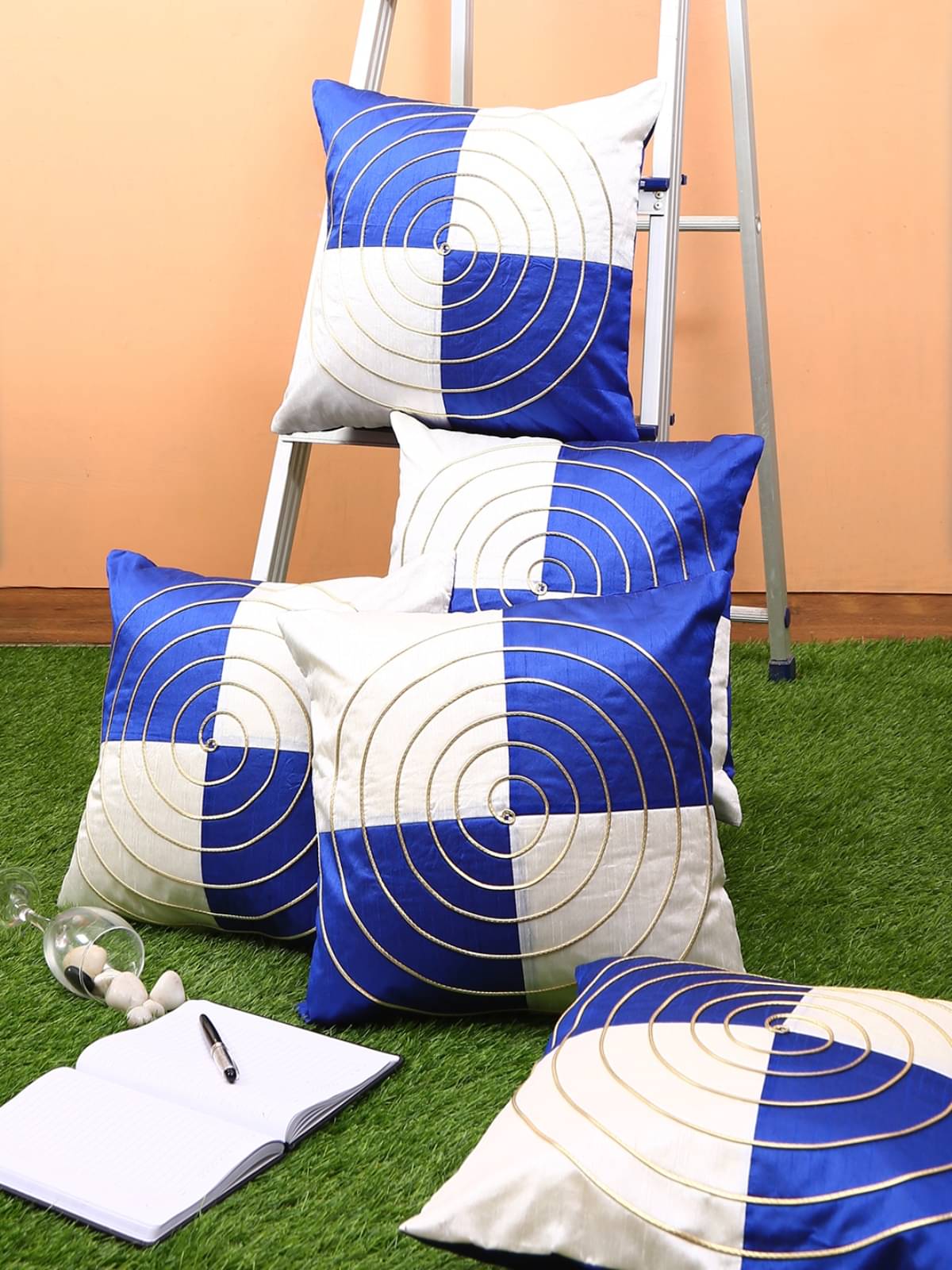     			Romee Set of 5 Polyester Geometric Square Cushion Cover (40X40)cm - Blue
