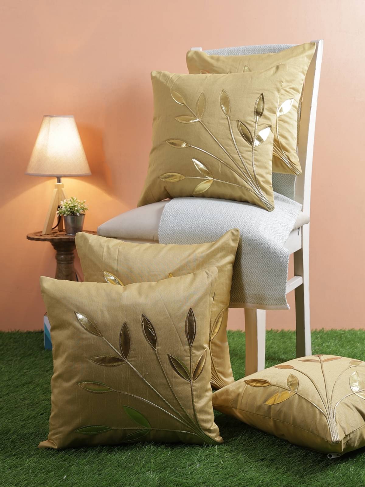 Romee Set of 5 Polyester Floral Square Cushion Cover (40X40)cm - Beige Romee Set of 5 Polyester Floral Square Cushion Cover (40X40)cm - Beige