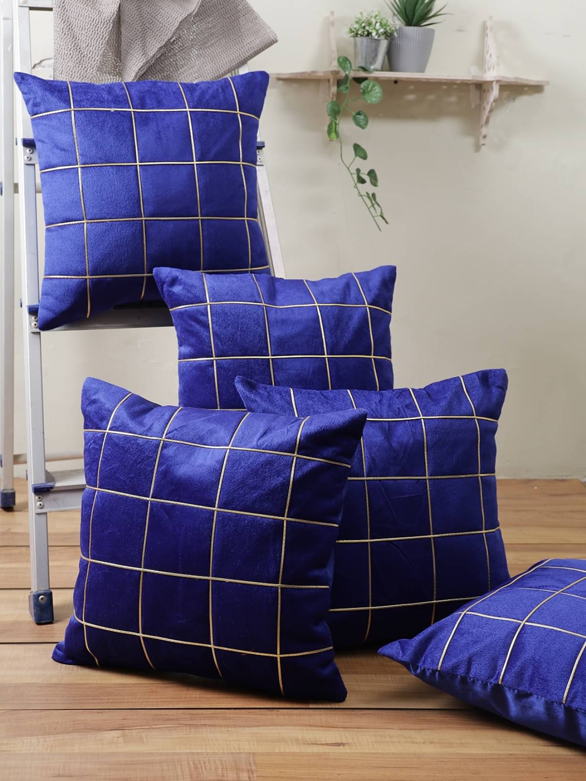     			Romee Set of 5 Polyester Small Checks Square Cushion Cover (40X40)cm - Blue