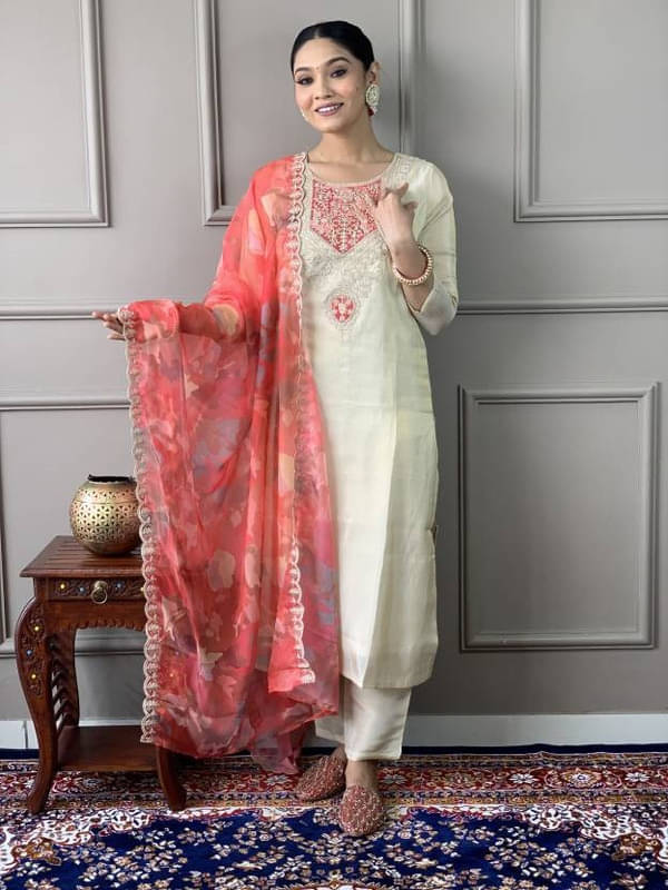 Suppar Sleave Chanderi Embroidered Kurti With Pants Women's Stitched Salwar Suit - White ( Pack of 1 ) Suppar Sleave Chanderi Embroidered Kurti With Pants Women's Stitched Salwar Suit - White ( Pack of 1 )