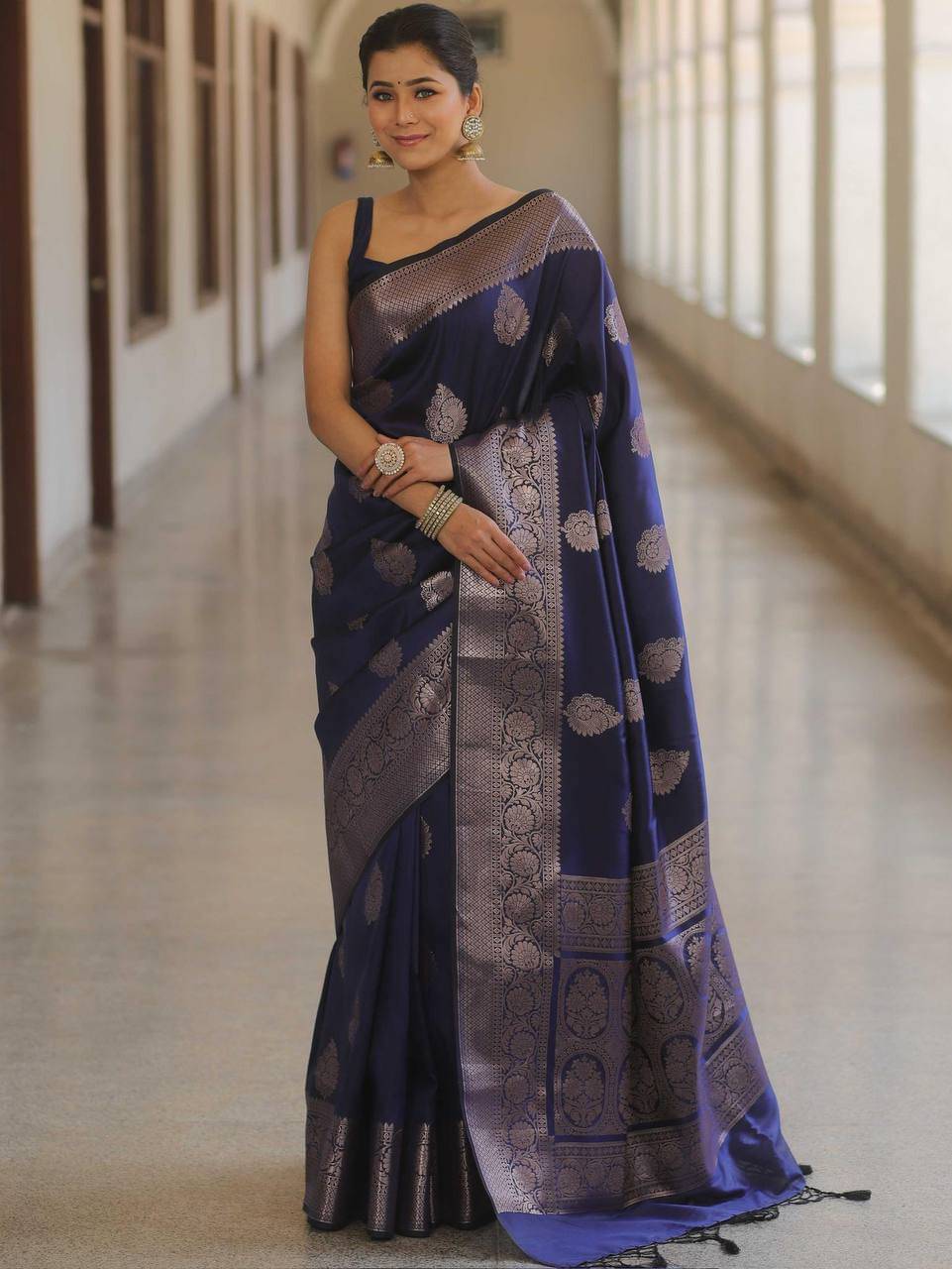 TARTAM Banarasi Silk Striped Saree With Unstitched Blouse Piece ( Blue ) TARTAM Banarasi Silk Striped Saree With Unstitched Blouse Piece ( Blue )
