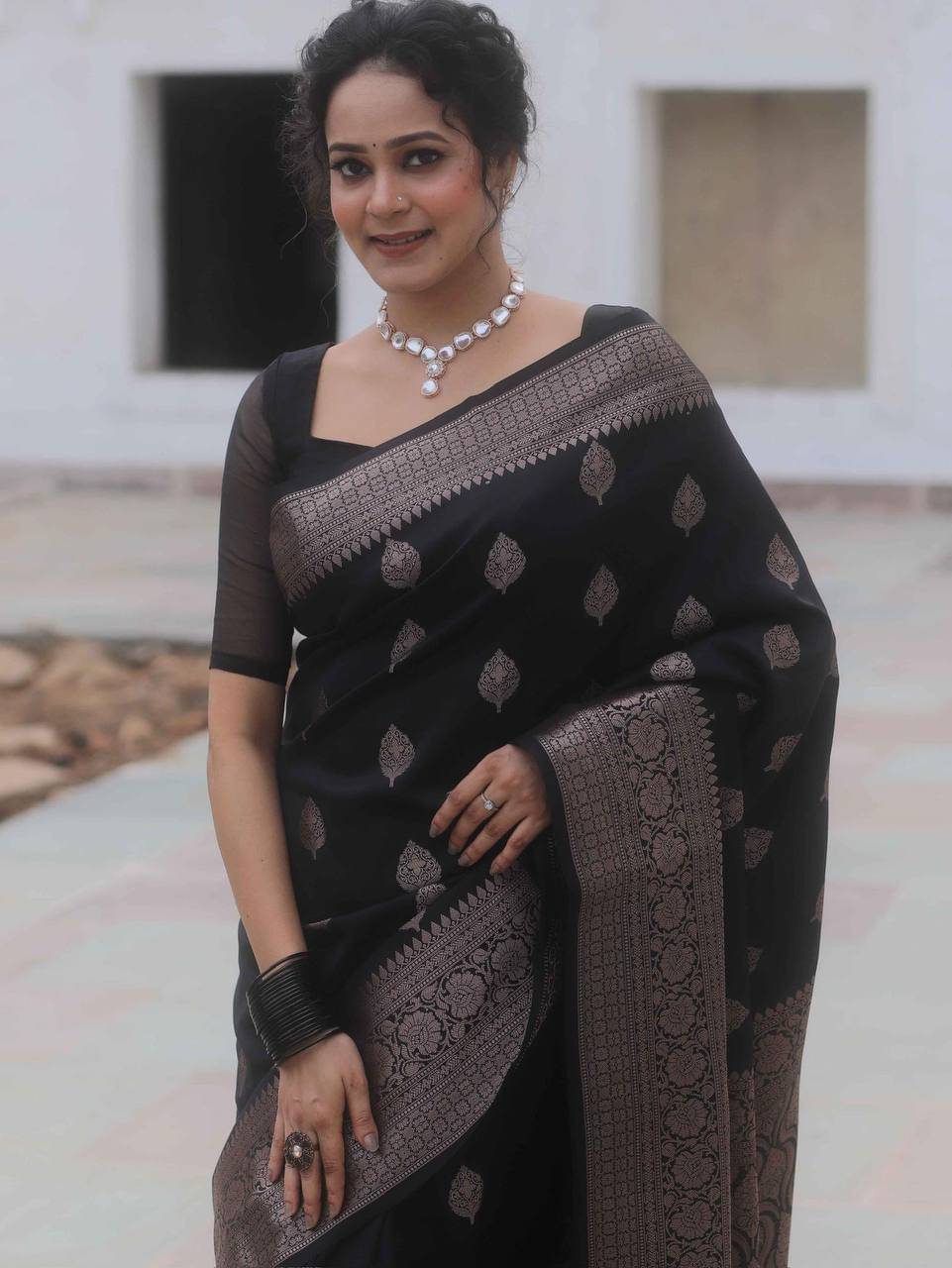 TARTAM Banarasi Silk Striped Saree With Unstitched Blouse Piece ( Black ) TARTAM Banarasi Silk Striped Saree With Unstitched Blouse Piece ( Black )