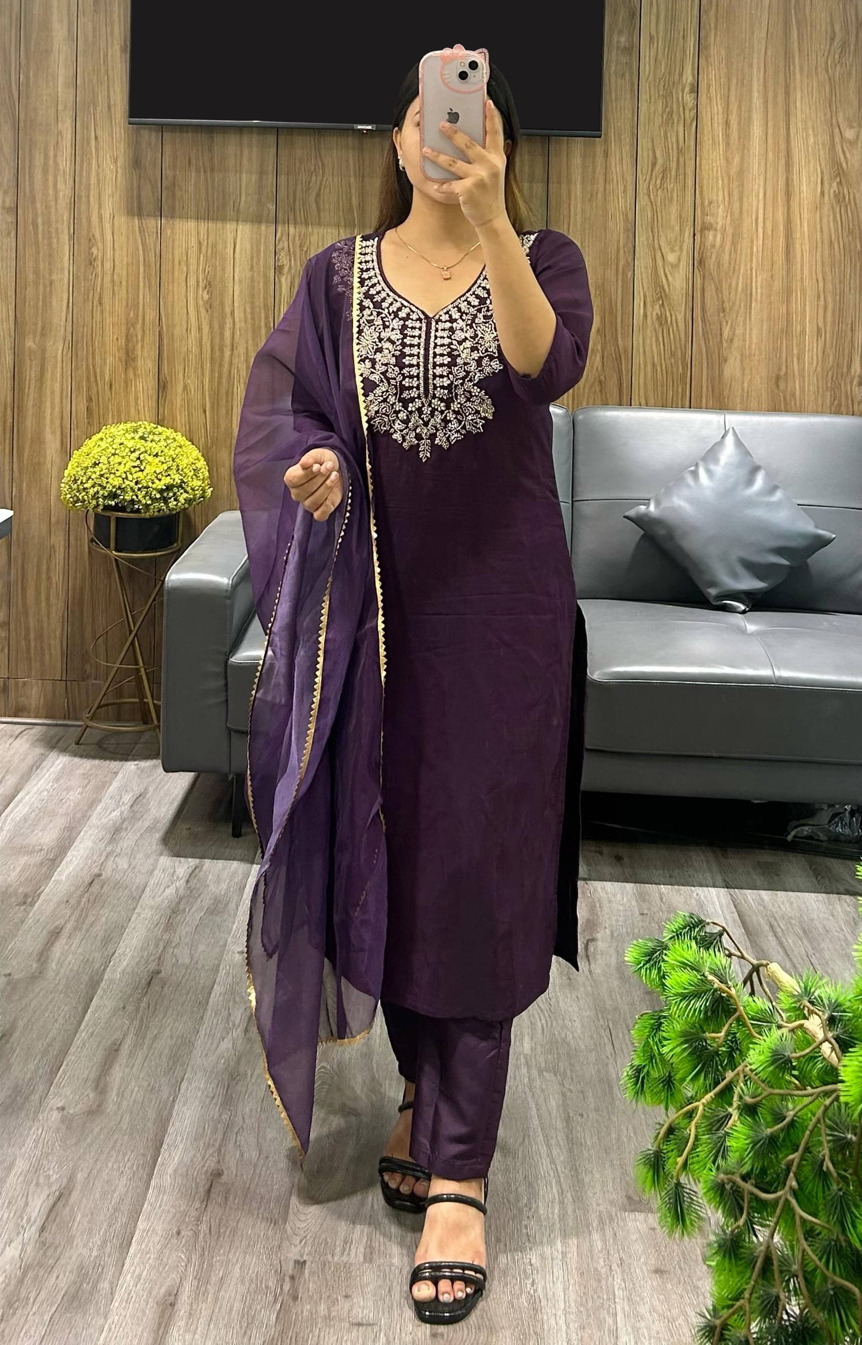 Trijal Fab Cotton Silk Embellished Kurti With Pants Women's Stitched Salwar Suit - Purple ( Pack of 1 )     			Trijal Fab Cotton Silk Embellished Kurti With Pants Women's Stitched Salwar Suit - Purple ( Pack of 1 )